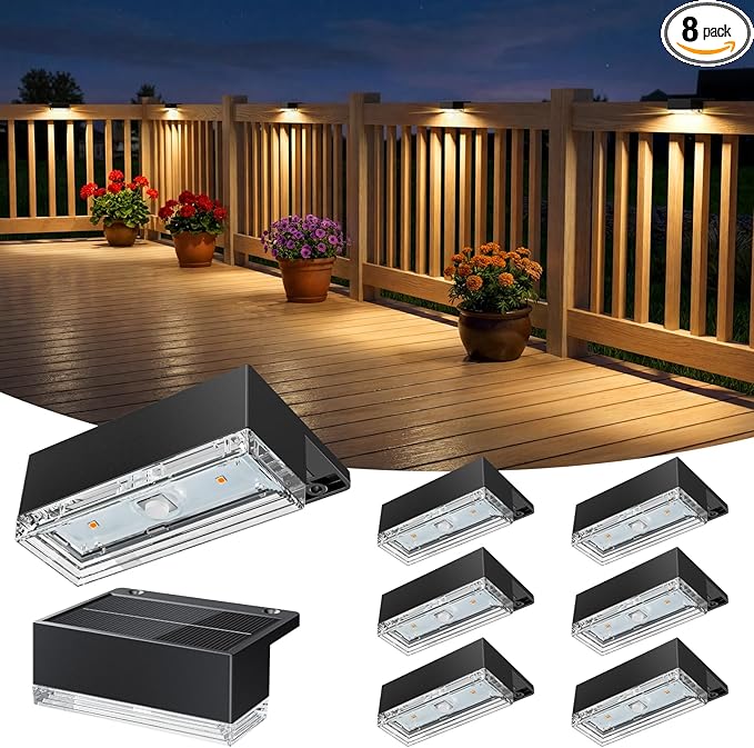 Solar Deck Lights 8 Pack, 3 Color Modes Soft Warm/Natural/Cool Glow, IP65 Waterproof Step Lights for Outdoor Ambiance, Solar Lights for Fence, Deck, Railing, Patio & Backyard Decor (Black)