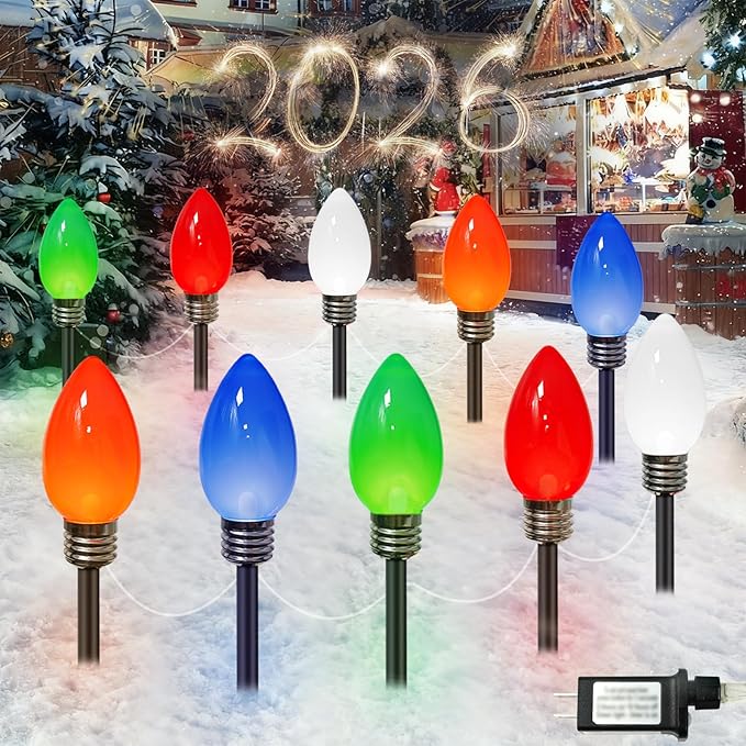 IDEAALS 10 Pack Jumbo Multicolor Plug in C9 Christmas Lights Outdoor，LED Pathway Lights Waterproof, Strawberry Light Christmas Decorations Outdoor for Walkway Party Patio Garden Lawn Yard Decor
