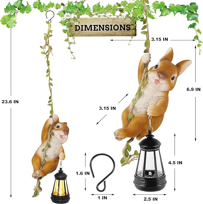 Solar Hanging Bunny Rabbit Statue, Easter Outdoor Resin Animal Figurine with LED Lights for Garden, Fence, Porch, Patio, Yard Decor, Dusk to Dawn Auto On/Off