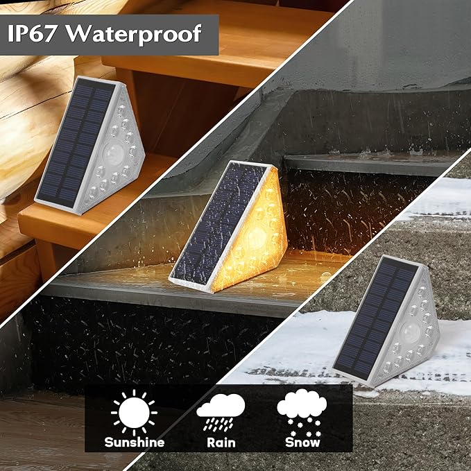 Solar Step Lights for Outside - 8 Pack Outdoor Stair Solar Powered Light, Waterproof Deck Step Triangle LED, Warm White Lighting Decor for Garden Patio Yard Porch Pathway Fence Walkway