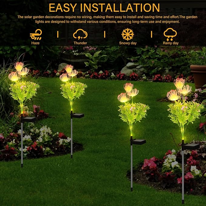 4 Pcs Solar Flower Lights Outdoor Waterproof, Solar Garden Lights for Pathway, Yard, Patio, Lawn, Easy Installation, Auto on/Off, Energy-Saving, Ip65 Weatherproof, Multi-Color Led Decoration