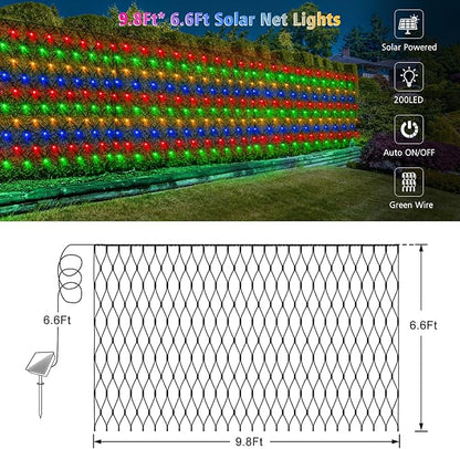 echosari Solar Powered Net Lights, 200 LED 9.8Ft x 6.6Ft Bush net Lights Dark Green Wire Auto On/Off 8 Modes for Bushes Shrubs Lawn Decor (Multicolor)