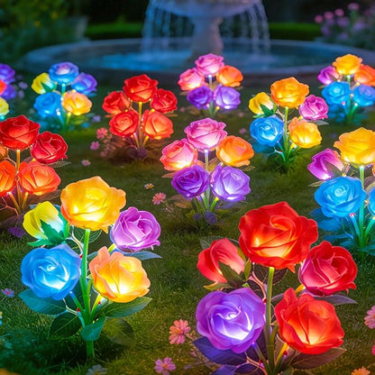 ANGMLN 4 Pack Solar Garden Lights, Solar Flower Lights Outdoor Waterproof with 20 Head Rose 7-Color Changing Landscape Light for Garden Yard Pathway Patio Grave Cemetery Decoration