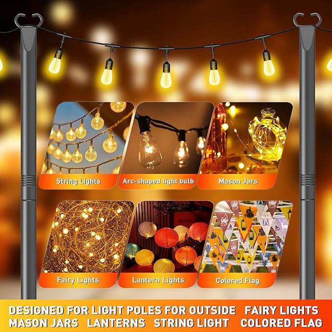 String Light Poles 6 Pack,Poles for Hanginig Outdoor String Lights with Fork and Fence Clamp | Lumora