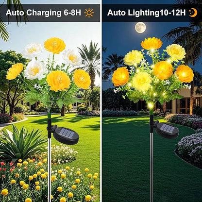 2 Pack Solar Flower Lights Outdoor - 14 Blooming Waterproof Snow Lotus Garden Lights for Patio, Yard, Pathway, and Landscape Decoration - Auto On/Off, IP65