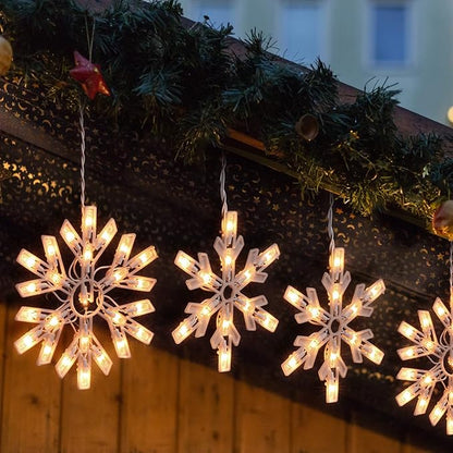 Minetom Snowflake Christmas String Lights - 2 Pack 6 Drops 8.8 Ft. 100 Mini Bulb Snowflake Icicle Lights with Hooks Connectable Hanging Lights for Xmas Rooftop Home Indoor Outdoor Party Wedding
