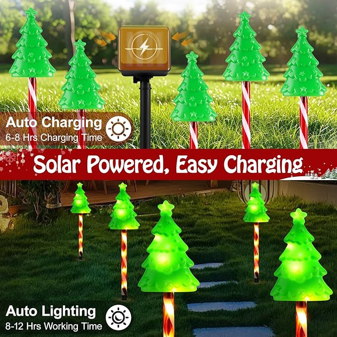 Lewondr Solar Christmas Pathway Lights, 5 PCS Solar Christmas Decorations Outdoor with 2 Lighting Modes, Xmas Tree Lights with Red Pole and Garden Stake, Waterproof Garden Lawn Patio Holiday Decor