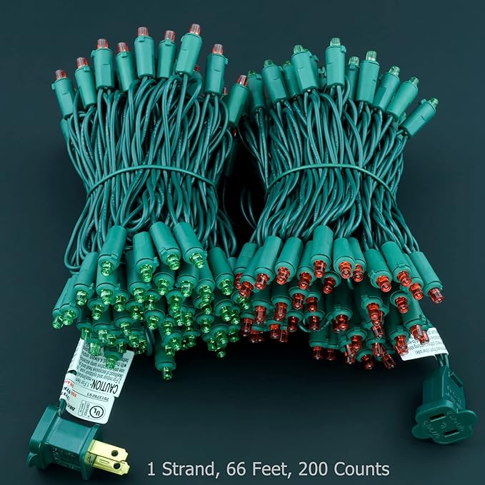 YULETIME 200 Red & Green Wide Angle LED Christmas Lights, 66 Feet Green Wire UL Certified 5mm Holiday String Light Set (Red & Green)
