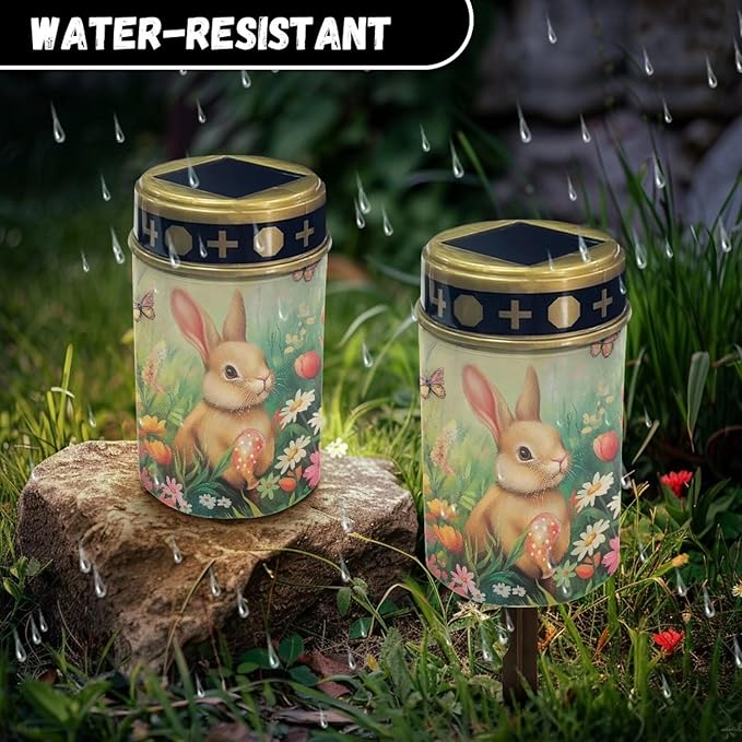 Rabbit Flower Solar Cemetery Grave Decorations, Waterproof Memorial Cemetery Decorations Lights for Birthday Mother Day Fathery Day Memorial Day Christmas