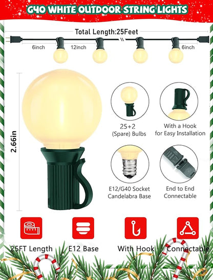 25Ft Christmas Outdoor String Lights, G40 Globe Lights with 27 0.6W Frosted Warm White Bulbs, Vintage Christmas Lights for Holiday Party Backyard Xmas Tree Wedding Garden Patio Porch Decor, Green Wire