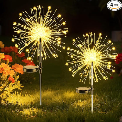 Dream Master Solar Firework Lights Outdoor, 120 LED Garden Path Lights with 8 Modes, Waterproof Decorative Stakes, Warm White, 2 Pack