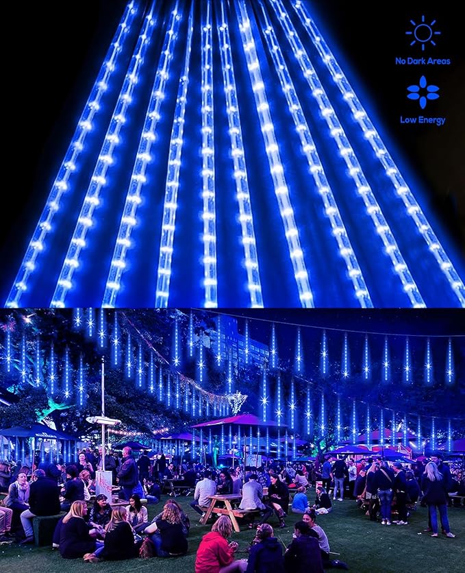 Meteor Shower Lights Outdoor Christmas Lights UL Certified Falling Rain Drop Snowfall Icicle Cascading String Light for Xmas Holiday Tree Wedding Party Garden Decor Blue, 12 Inch 10 Tubes