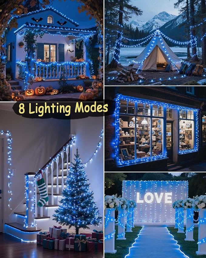 580 LED String Lights, 196FT Indoor Outdoor Fairy Lights, Waterproof Twinkle Christmas Decorations Lights with Remote for Bedroom Outside Tree Garden Patio Camping Wedding Party Décor, Blue