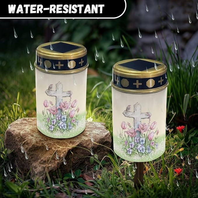 Garden Decor Solar Light Outdoor Stake Patio Yard Lawn Porch Pathway Grave Cross Solar Lights for Cemetery Christmas Outside Waterproof Decorations