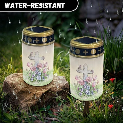Garden Decor Solar Light Outdoor Stake Patio Yard Lawn Porch Pathway Grave Cross Solar Lights for Cemetery Christmas Outside Waterproof Decorations