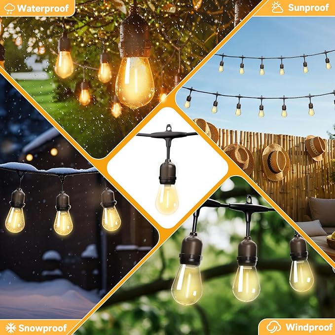 Outdoor Safety String Lights 200FT - Commercial Grade Low Voltage Strand with 80 S14 Shatterproof Bulbs for Tree Garden Yard bistro Cafe | Warm Yellow 3500K Party Lights | IP65 Waterproof | UL Listed