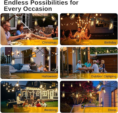 East Oak Outdoor String Lights LED 48FT, Patio String Lights Waterproof with 15 Shatterproof Vintage Edison Bulbs for Christmas Backyard Porch Party Warmlight