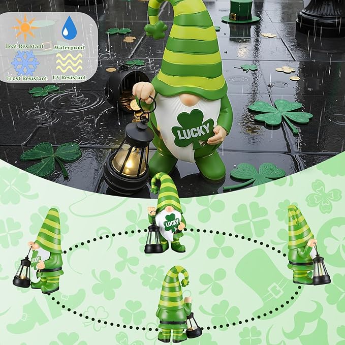 Retisee Solar St. Patrick's Day Garden Statue Resin Gnome Statue with Shamrock LED Lights Outdoor Lucky Solar Light Figurine Decoration for Yard Patio Lawn Gift for St. Patrick's Day Irish