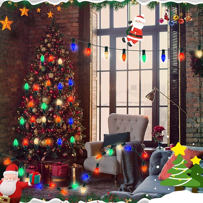 C9 Vintage Incandescent Christmas Lights Outdoor, 25Ft Christmas Tree Lights with 26 Colorful 7W Incandescent Bulbs(1 Spare), Xmas Lights Outdoor for Tree/Garden/Yard/Holiday Decor, Green Wire