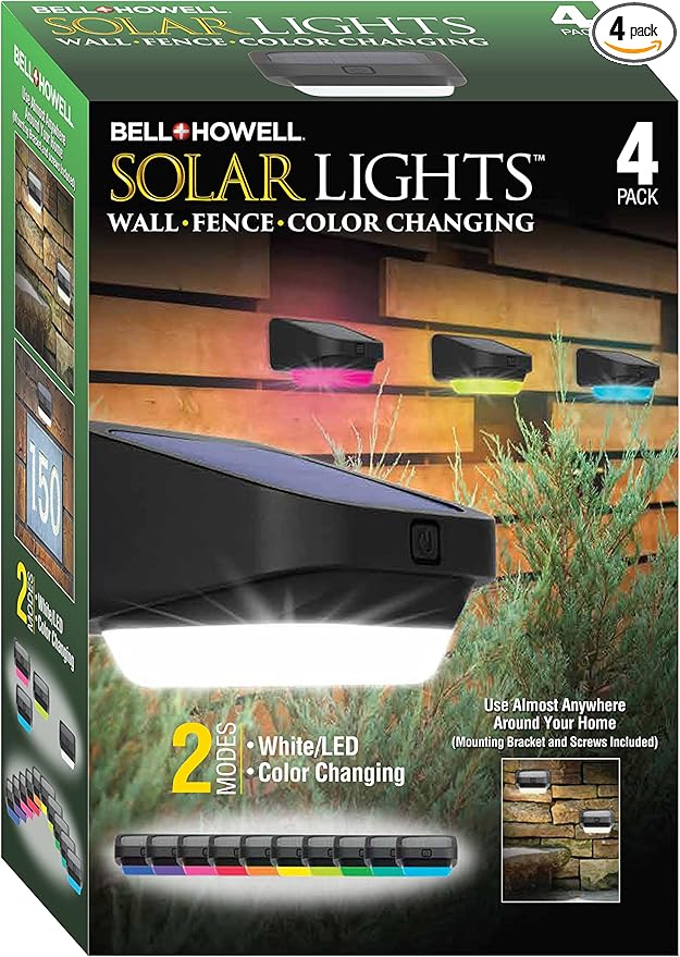 Bell+Howell Solar Deck Fence Lights Outdoor Step Light Waterproof Solar Fence Lights for Patio, Stairs, Pathway, Porch, Driveway, Yard or Garden Decor, White/LED Color Glow Lighting - 4 Packs