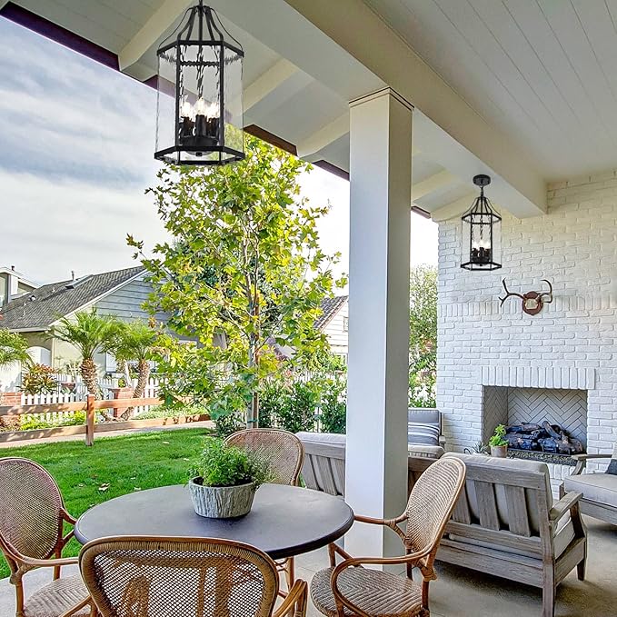 10" Modern 5-Light Exterior Black Lantern Pendant Light Fixture with Clear Rippled Glass Mini Industrial Hanging | Lumora
