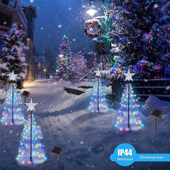 Dynaming 4 Pack Solar Spiral Christmas Trees with Lights, 19" Outdoor Light Up Christmas Pathway Markers with Colorful Lights, Waterproof & Auto On/Off Xmas Decoration for Patio Yard Walkway Driveway