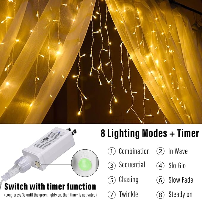 Joomer Christmas Icicle Lights - 33FT Plug in String Lights Waterproof, 8 Modes Timer Connectable Outdoor String Light for Christmas Party, Eaves, Roofs, Xmas Decorations (Warm White)