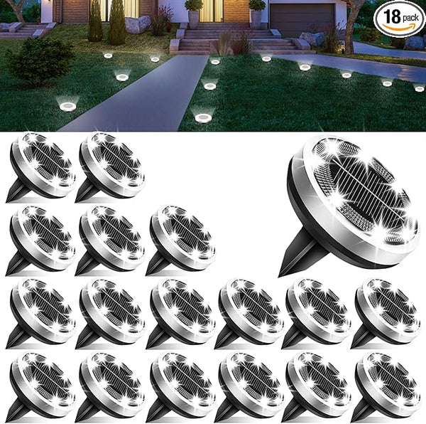 Solar Lights Outdoor Waterproof, 18 Pack 8 LED, Thickened Stainless Steel Ground Light, Solar Garden Lights | Lumora