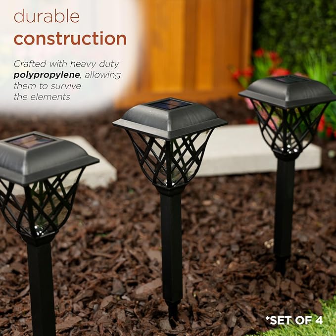 Alpine Corporation 16"H Solar Criss Cross Pathway LED Lights, Weather-Resistant Dusk and Dawn Automatic Light Sensor for Garden Landscapes, Black, Set of 4