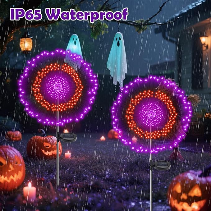 4 Pack Solar Halloween Lights Outdoor, 720 LED Orange & Purple Solar Firework Lights with 8 Lighting Modes | Lumora