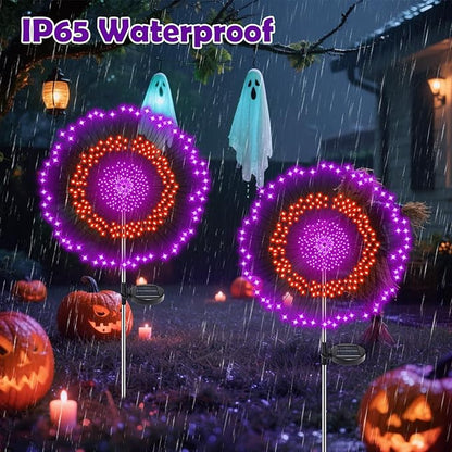 4 Pack Solar Halloween Lights Outdoor, 720 LED Orange & Purple Solar Firework Lights with 8 Lighting Modes, Waterproof Garden Lights for Yard Patio Pathway Spooky Outside Halloween Decorations
