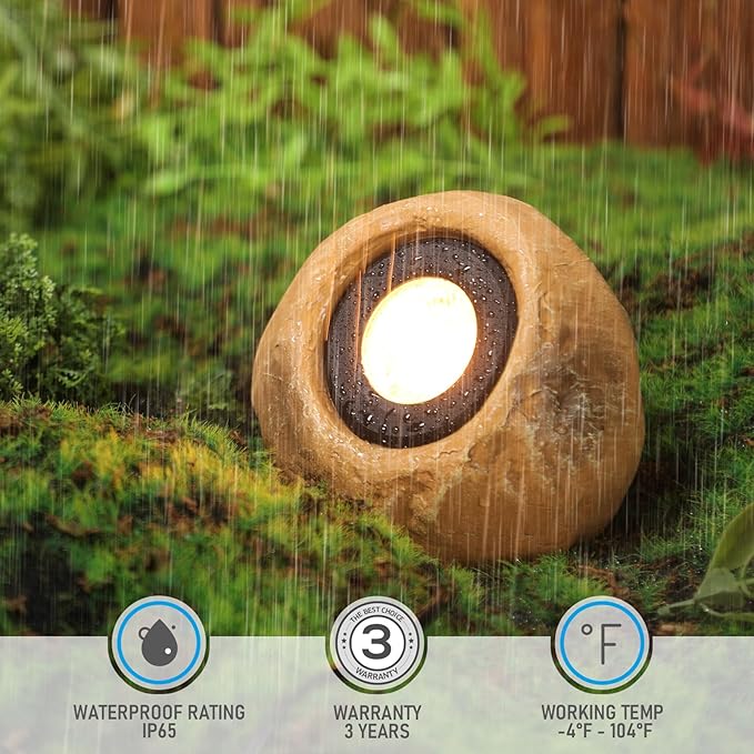 LEONLITE 5CCT LED Rock Lights Outdoor, 5W Low Voltage Landscape Spot Light for Garden, Yard, Decorative Stone Light, 12-24V AC/DC, CRI90, 200lm, IP65 Waterproof, Round, Yellow, Pack of 4