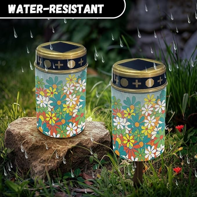 Hippie Flower Decorations Solar Lights,Grave Solar Lights for Cemetery, Outdoor Waterproof Memorial Day Decorations Patriotic Lights for Garden Yard Pathway Grave