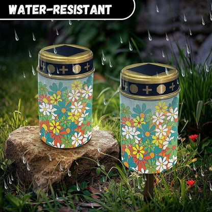 Hippie Flower Decorations Solar Lights,Grave Solar Lights for Cemetery, Outdoor Waterproof Memorial Day Decorations Patriotic Lights for Garden Yard Pathway Grave