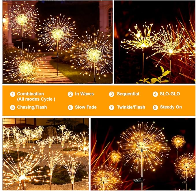 Solar Fireworks Lights for Outside, 150LED 8 Modes Fireworks Solar Lights Outdoor, Fairy Garden Flowers for Yard Pathway Wedding Party Christmas Diwali Garden Decor 8Pack (Warm White)