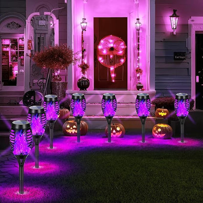 Solar Lights Outdoor, Upgraded 10 Pack Purple Solar Torch Lights Outdoor Flickering Flame for Garden Decor, Waterproof Outdoor Lights Solar Powered, Tiki Torches for Outside Yard Pathway Decor
