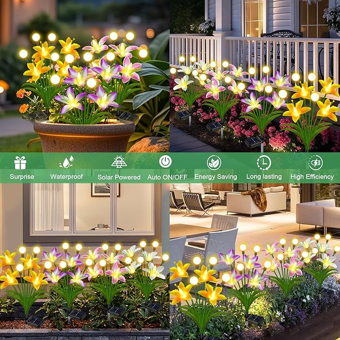 Solar Lights Outdoor Flowers Garden Decor,Firefly Lights with 4 Color Wild Lily Light, Solar Flowers Outdoor Waterproof for Patio Yard Gifts for Women Mom