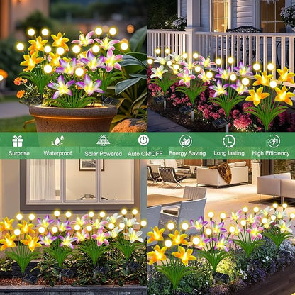 Solar Lights Outdoor Flowers Garden Decor,Firefly Lights with 4 Color Wild Lily Light, Solar Flowers Outdoor Waterproof for Patio Yard Gifts for Women Mom