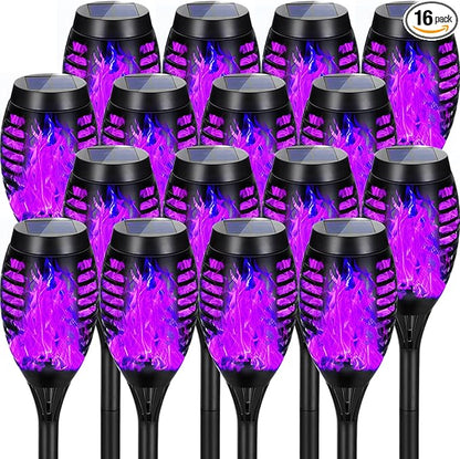Solar Lights Outdoor Halloween Decorations, Upgraded 16 Pack Purple Solar Torch Lights with Flickering Flame, Waterproof Halloween Lights Outdoor, Tiki Torches for Outside Patio Pathway Decor