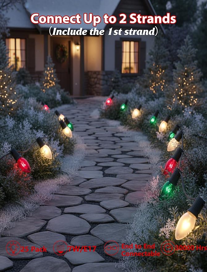 25ft Red White and Green Outdoor Christmas Lights,C9 Clear Incandescent Christmas Lights with 26 Multicolor Bulbs,Waterproof String Lights Plug in for Roofline Tree Garden Decor