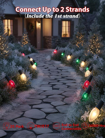25ft Red White and Green Outdoor Christmas Lights,C9 Clear Incandescent Christmas Lights with 26 Multicolor Bulbs,Waterproof String Lights Plug in for Roofline Tree Garden Decor