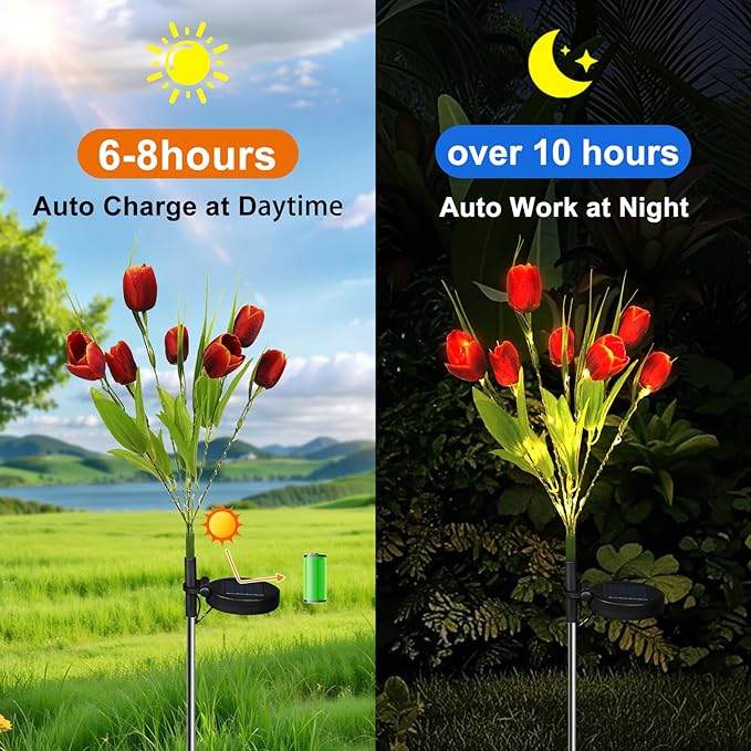 Aolyty Solar Garden Lights Outdoor, Solar Tulip Lights 2 Pack with 14 Tulip Flowers, IP65 Waterproof LED Stake Light for Pathway Patio Yard Landscape Decorative (Red)