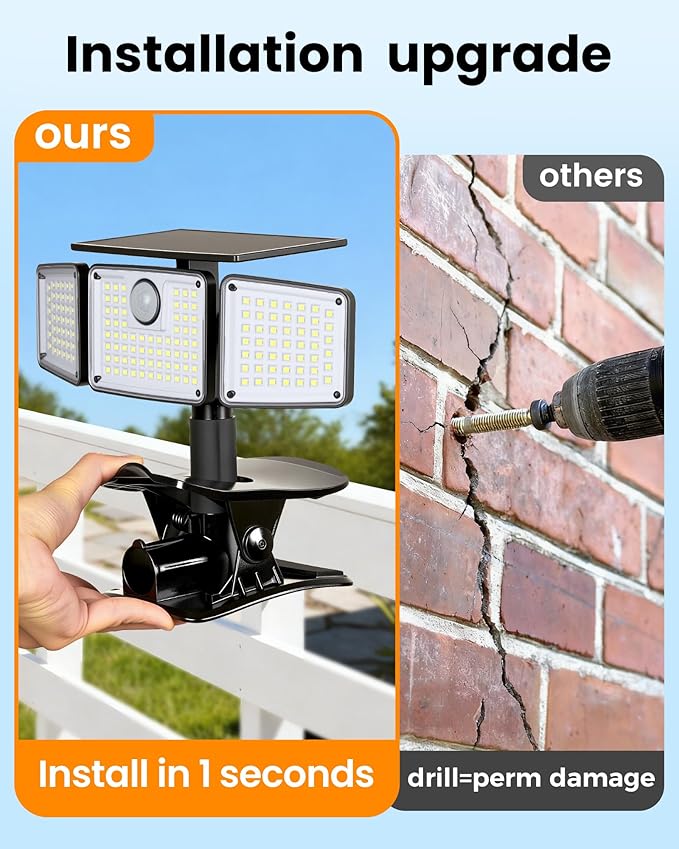 Clip on Solar Lights, 1500LM Motion Sensor Security Lights with Remote Control, 270°Wide Angle Solar Flood Light, 3 Heads High Bright Solar Lights Outdoor Waterproof for Fence Gutter Yard（2Pack)