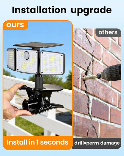 Clip on Solar Lights, 1500LM Motion Sensor Security Lights with Remote Control, 270°Wide Angle Solar Flood Light, 3 Heads High Bright Solar Lights Outdoor Waterproof for Fence Gutter Yard（2Pack)