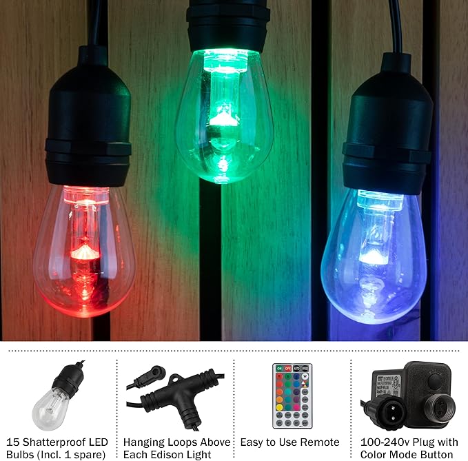 Outdoor String Lights - 50FT Color-Changing Patio Lights with Remote and Vintage-Style LED Edison Bulbs for Porch, Backyard, and Events by Pure Garden
