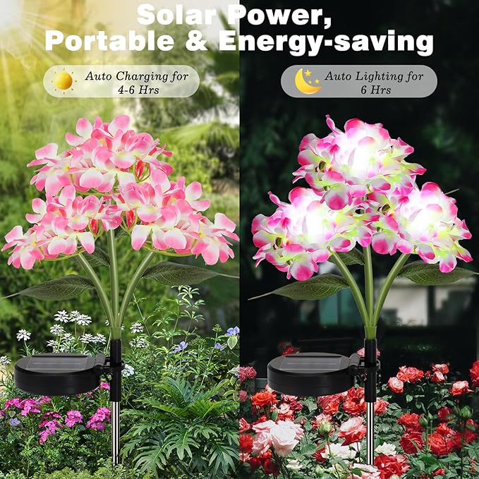 Lewondr 4 Pack Solar Garden Lights, Solar Flowers Lights with 4 Blooming Hydrangea Flowers, Waterproof Solar Lights Outdoor for Yard Porch Patio Backyard Pathway Gardening, 2 Lighting Modes, Colorful