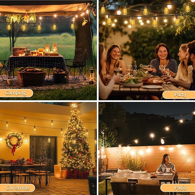 Outdoor String Lights with Remote, 50ft 25 Bulbs Low Voltage(24V) Patio Lights, Dimmable & Timer, IP65 Waterproof, ST38 LED Hanging Lights for Outside, Deck, Garden, Backyard, Porch, Party