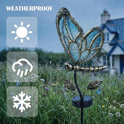 Decorative Outdoor Solar Butterfly Lights,Warm LED Handcrafted Blue Glass Stakes, 36 Inch Tall, Auto On-Off for Up to 8 Hours Glow, Waterproof Yard Patio Ornaments