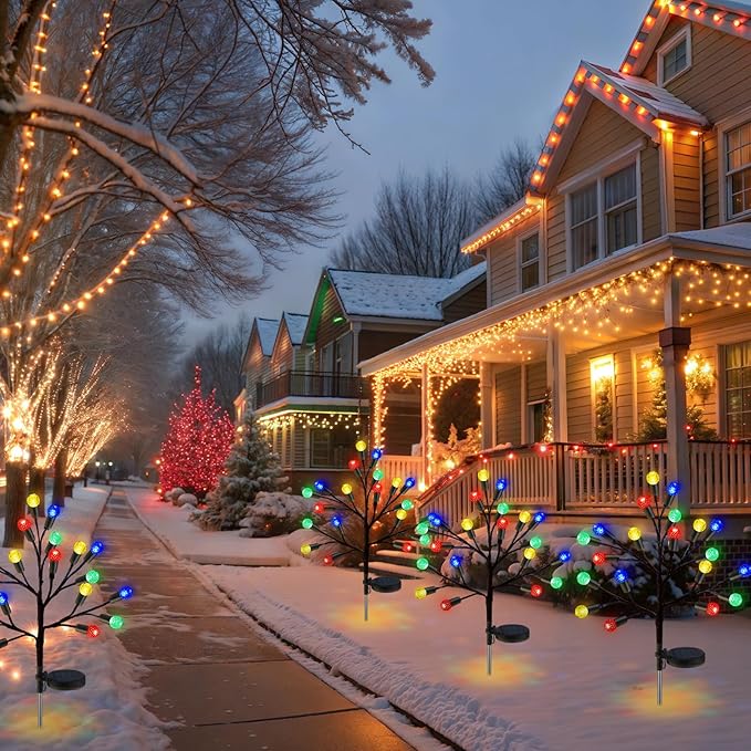 2 Pcs 40 LED Christmas Solar Pathway Lights Outdoor Decoration 28" Christmas Yard Stake Light Waterproof Solar Xmas Decoration 8 Modes Pineapple Ball Tree for Walkway Path Garden Patio