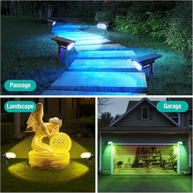 68 LEDs RGB Solar Spot Lights, 1000 Lumens 9 Lighting Modes Color Changing Solar Outdoor Lights, IP67 Waterproof | Lumora